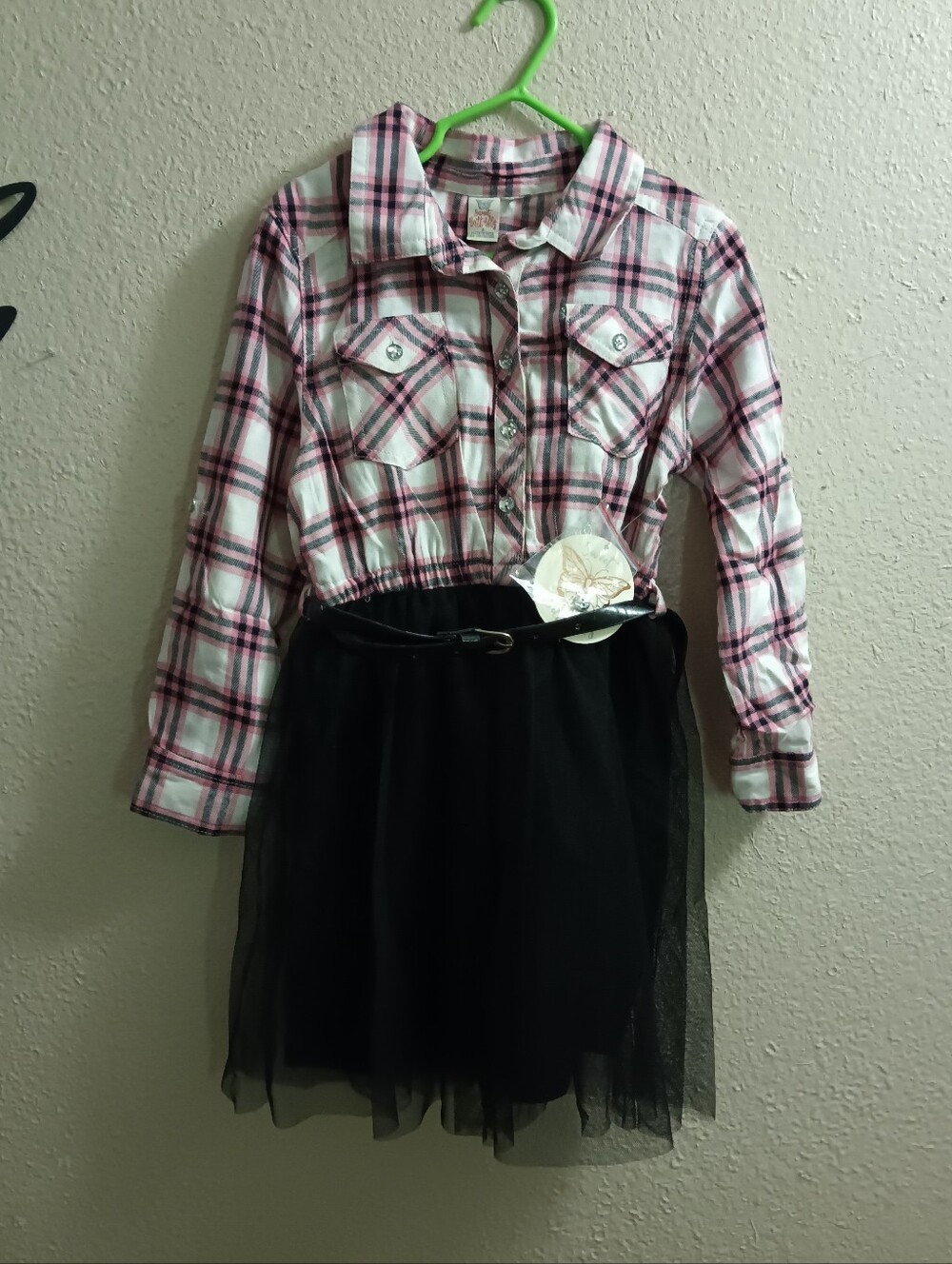 Sweet Butterfly Girls Plaid Flannel Top Black Tulle Skirt Belted Dress